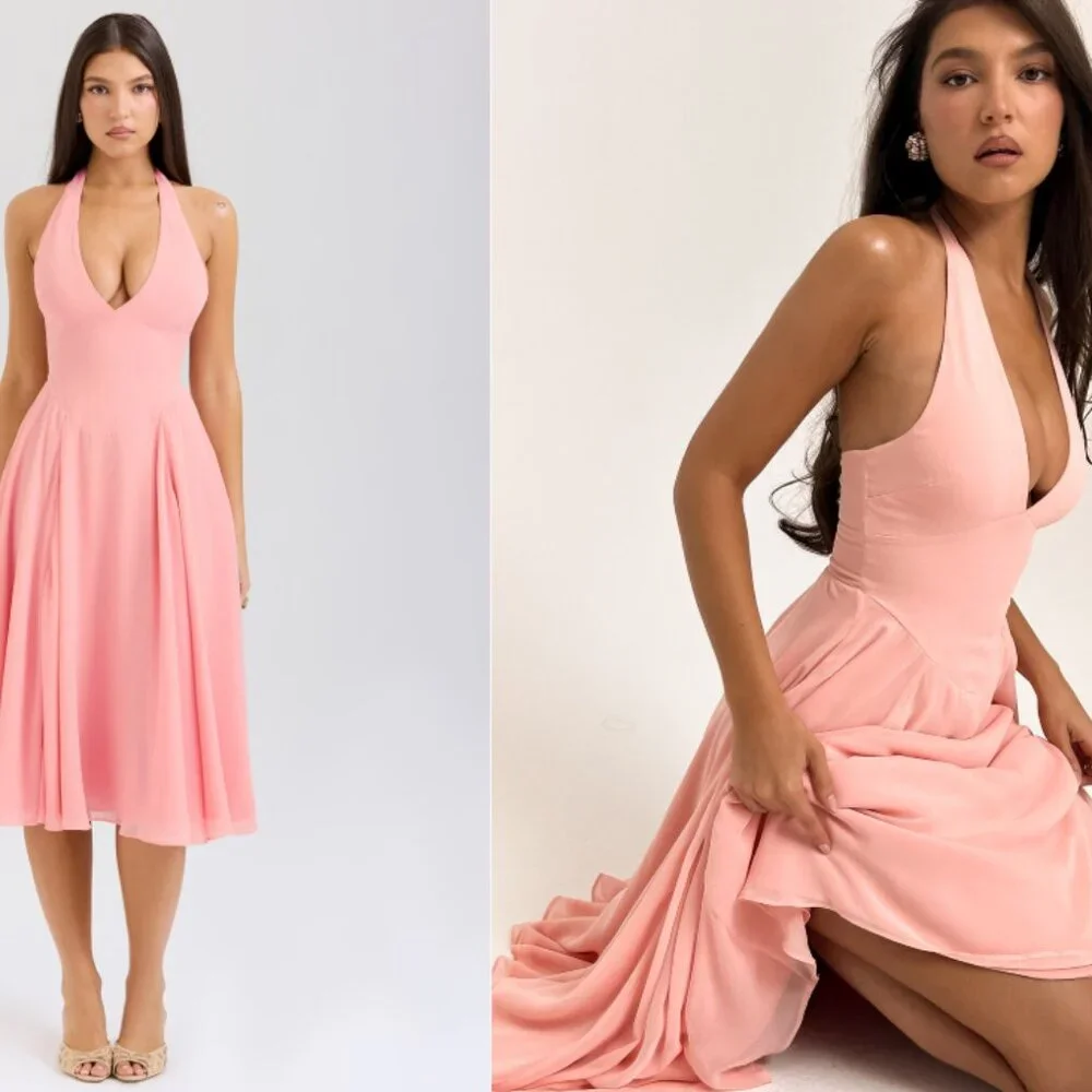HOUSE OF CB 'Solada' Peach Georgette Halter Sundress NWOT